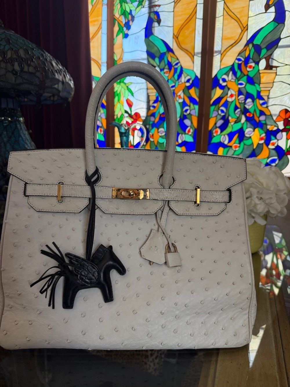 White Genuine Ostrich Handbag with Gold Hardware
